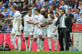 Stephen Dobbie celebrates with Swansea manager Brendan Rodgers having scored their third goal in a 4-2 win over Reading in the Championship Play-off final at Wembley. Photo by Dan Rowley/Shutterstock (7442650ad)