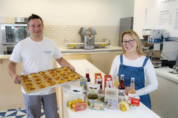 Sebastian Bacewicz and Emma Airley are debuting Pastéis Lisboa, which aims to make up to 1,200 tarts from scratch every day. Picture: Peter Devlin.