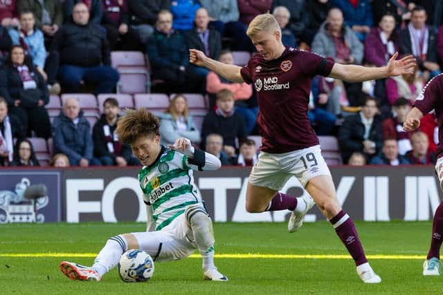 Hearts Alex Cochrane says players from both sides were "baffled" over the penalty awarded to Celtic for an apparent foul on Kyogo Furuhashi by the defender.  (Photo by Mark Scates / SNS Group)