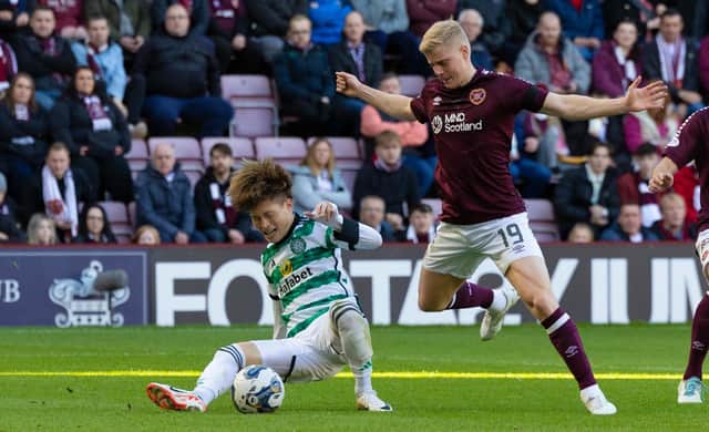 Hearts Alex Cochrane says players from both sides were "baffled" over the penalty awarded to Celtic for an apparent foul on Kyogo Furuhashi by the defender.  (Photo by Mark Scates / SNS Group)