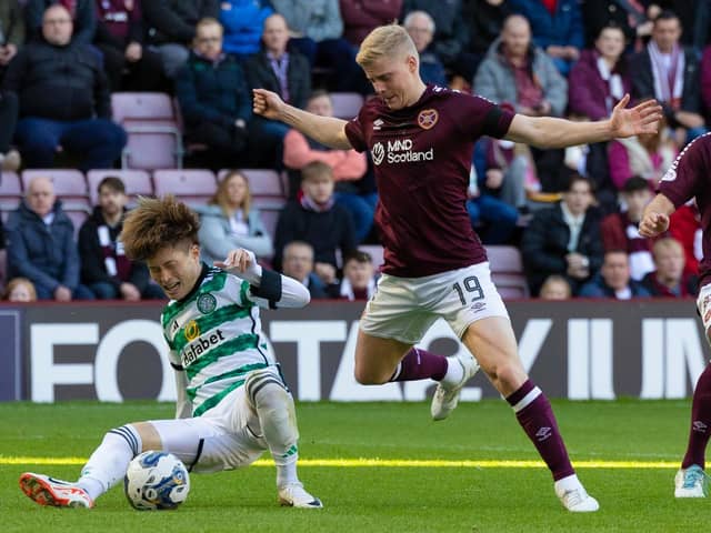 Hearts Alex Cochrane says players from both sides were "baffled" over the penalty awarded to Celtic for an apparent foul on Kyogo Furuhashi by the defender.  (Photo by Mark Scates / SNS Group)