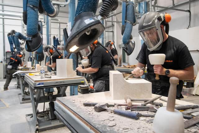 Apprentice stone masons working on their competition pieces at the SkillBuild Qualifier Competition 2024 at Stirling Skills Training Centre. PIC: Historic Environment Scotland