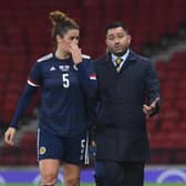 Jen Beattie and manager Pedro Martinez Losa during the FIFA Women's World Cup Qualifier between Scotland and Hungary . (Photo by Craig Foy / SNS Group)