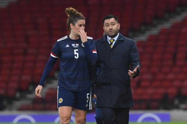 Jen Beattie and manager Pedro Martinez Losa during the FIFA Women's World Cup Qualifier between Scotland and Hungary . (Photo by Craig Foy / SNS Group)