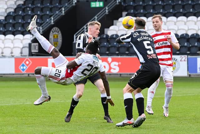 Hamilton's David Moyo attempts an overhead kick against St Mirren.