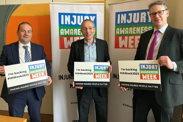 Injury Awareness Week 2025 goes to Westminster. From left are: Douglas McAllister MP, Andy Slaughter MP, chair of justice select committee, and APIL president Matthew Tuff.