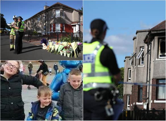 The three siblings - Fiona Gibson, 12, and brothers Alexander, eight, and Philip, five - died in hospital after the fire. Tributes were also left at the scene. Pic: Andrew Milligan/PA