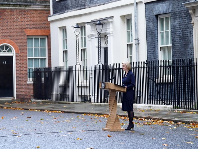Liz Truss making a statement outside 10 Downing Street, London, where she announced her resignation as Prime Minister. Picture date: Thursday October 20, 2022.