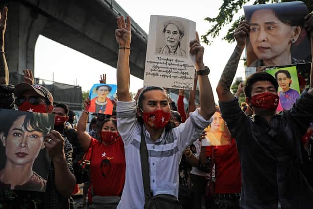 Protesters demonstrate outside Myanmar's embassy in Bangkok, Thailand (Picture: Lauren DeCicca/Getty Images)