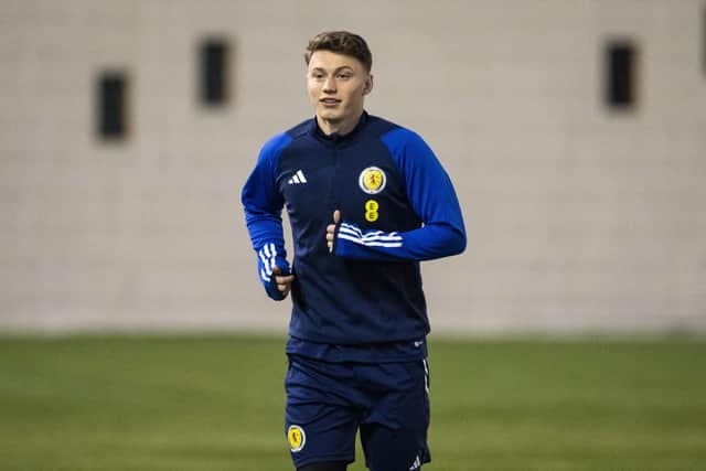 Hearts youngster Aidan Denholm during a Scotland Under-21 training session at Oriam this week. (Photo by Paul Devlin / SNS Group)