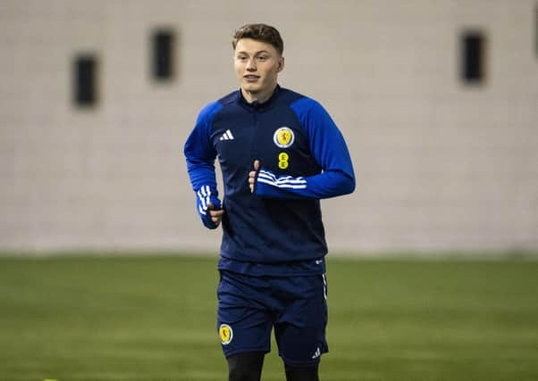 Hearts youngster Aidan Denholm during a Scotland Under-21 training session at Oriam this week. (Photo by Paul Devlin / SNS Group)