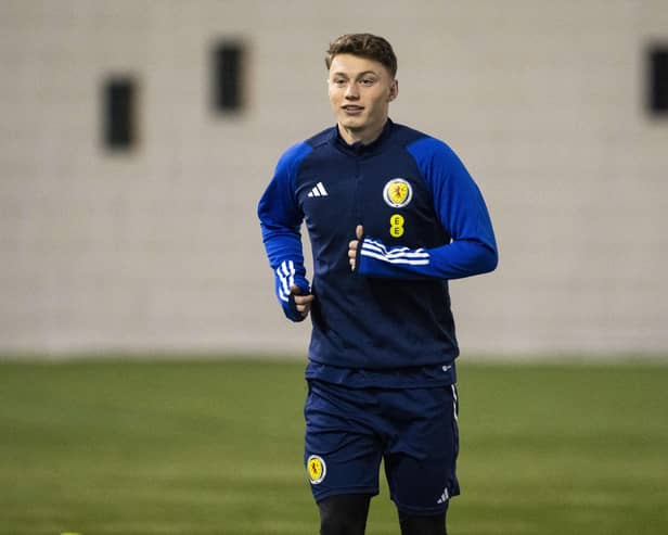 Hearts youngster Aidan Denholm during a Scotland Under-21 training session at Oriam this week. (Photo by Paul Devlin / SNS Group)