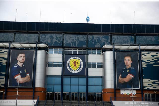 The Saltire is lowered to half mast at Hampden Park following the death of Queen Elizabeth II. (Photo by Craig Williamson / SNS Group)