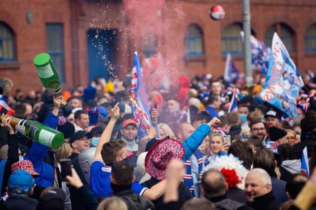Rangers fans gather outside Ibrox as they are crowned champions on March 07, 2021, in Glasgow, Scotland. (Photo by Alan Harvey / SNS Group)