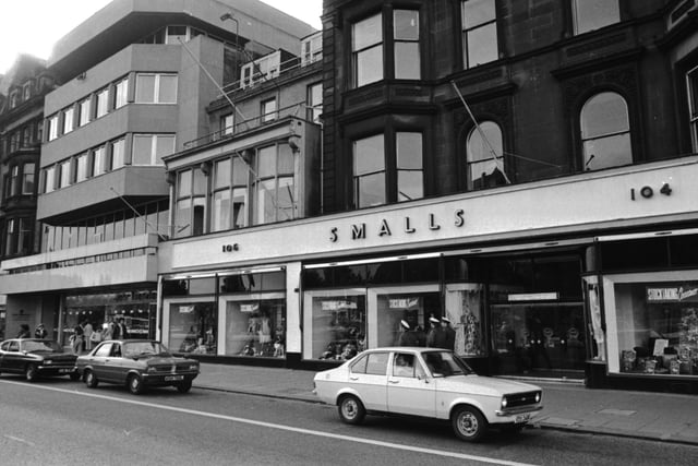 John Menzies, newsagents and stationers, and Smalls department store in Princes Street July 1977.