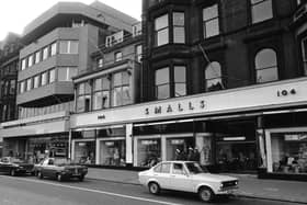 John Menzies, newsagents and stationers, and Smalls department store in Princes Street July 1977.