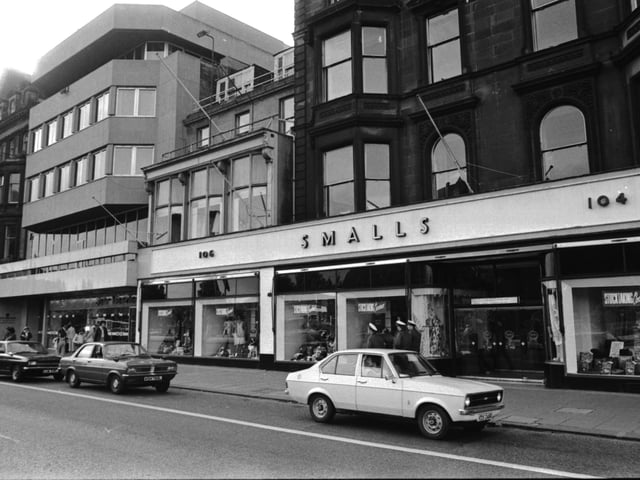John Menzies, newsagents and stationers, and Smalls department store in Princes Street July 1977.
