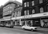 John Menzies, newsagents and stationers, and Smalls department store in Princes Street July 1977.