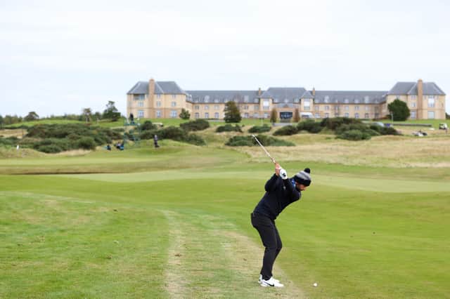 Eventual winner Adrian Otaegui hits his second shot on the 14th hole on the Torrance Course at Fairmont St Andrews in the final round of the Scottish Championship presented by AXA. Picture: Richard Heathcote/Getty Images
