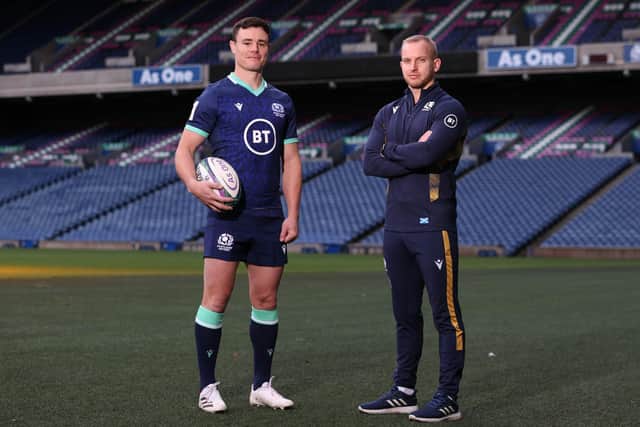 Lee Jones (left), who is competing in his fourth Commonwealth Games in Birmingham, alongside Scotland Sevens head coach Ciaran Beattie. (Photo by Craig Williamson / SNS Group)