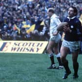 Matt Duncan celebrates scoring his try for Scotland against England in 1986. Photo by Colorsport/Shutterstock.