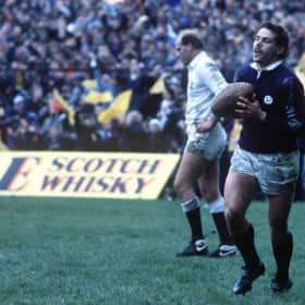Matt Duncan celebrates scoring his try for Scotland against England in 1986. Photo by Colorsport/Shutterstock.