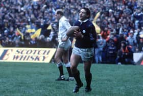 Matt Duncan celebrates scoring his try for Scotland against England in 1986. Photo by Colorsport/Shutterstock.