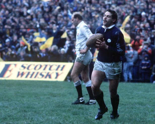 Matt Duncan celebrates scoring his try for Scotland against England in 1986. Photo by Colorsport/Shutterstock.