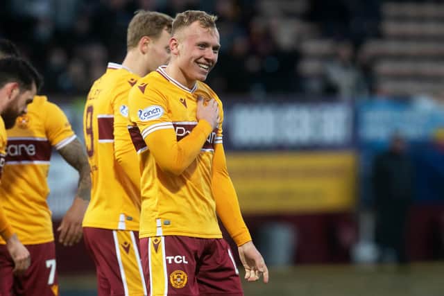 Dean Cornelius celebrates his opening goal in Motherwell's 2-0 win over St Johnstone at Fir Park (Photo by Craig Foy / SNS Group)