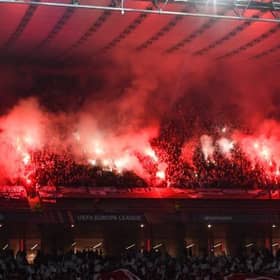 Rangers supporters light flares at the Europa League quarter-final, first leg match against Braga in Portugal on April 7. (Photo by Craig Foy / SNS Group)