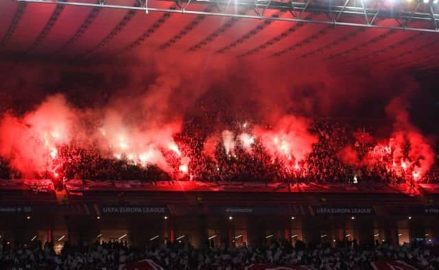 Rangers supporters light flares at the Europa League quarter-final, first leg match against Braga in Portugal on April 7. (Photo by Craig Foy / SNS Group)