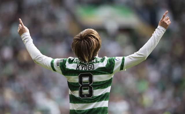 Celtic striker Kyogo Furuhashi celebrates scoring against Rangers earlier this month, with his destructive derby form of late driving up his profile but causing no concerns over the potential transfer interest that could bring for his manager Ange Postecoglou.(Photo by Craig Foy / SNS Group)