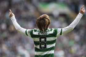 Celtic striker Kyogo Furuhashi celebrates scoring against Rangers earlier this month, with his destructive derby form of late driving up his profile but causing no concerns over the potential transfer interest that could bring for his manager Ange Postecoglou.(Photo by Craig Foy / SNS Group)