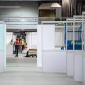Inside the Scottish Event Campus in Glasgow yesterday (Tuesday) where work is continuing on the NHS Louisa Jordan temporary hospital, which is being built to aid the fight against the coronavirus epidemic