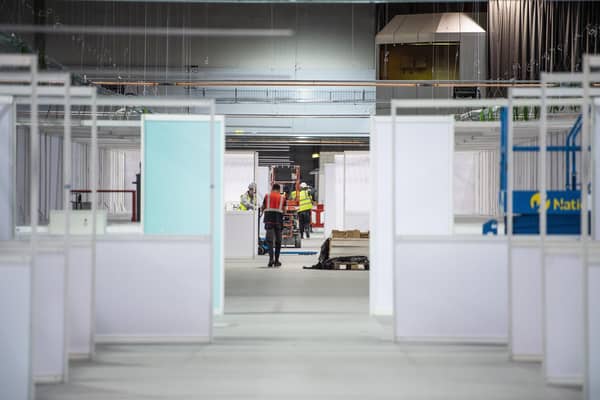 Inside the Scottish Event Campus in Glasgow yesterday (Tuesday) where work is continuing on the NHS Louisa Jordan temporary hospital, which is being built to aid the fight against the coronavirus epidemic
