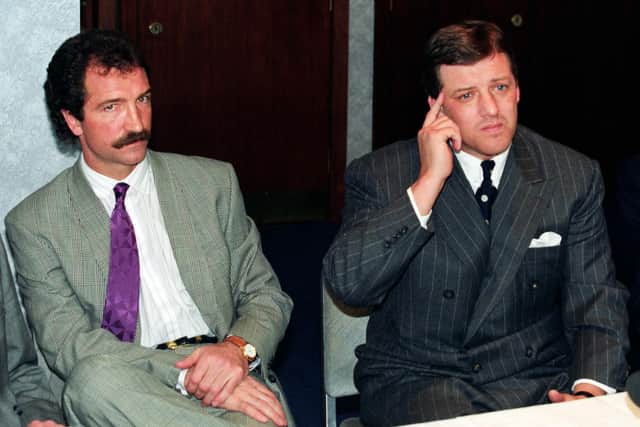 April 1991: Graeme Souness (left) looks distinctly ill-at-ease as Rangers chairman David Murray tells a packed press conference that the manager is to leave immediately for Liverpool