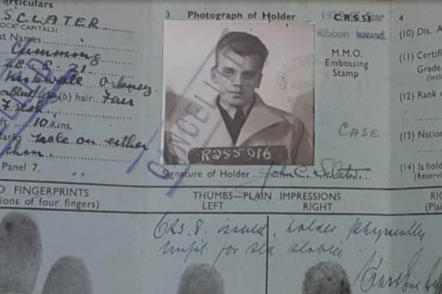 The identity card of John Cumming Sclater, of Kirkwall, who survived the Rohna attack. PIC: Contributed.