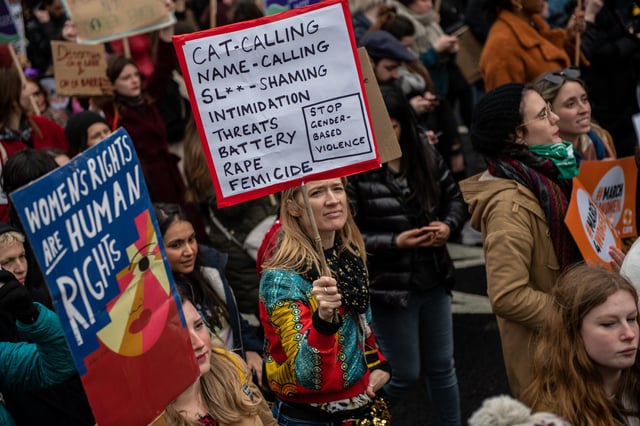 Demonstrators march down Whitehall during the March for Women on International Women's Day last year.
