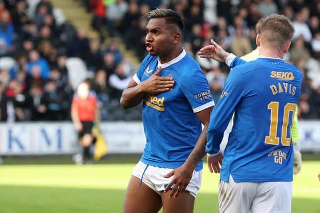 Alfredo Morelos celebrates after scoring his 100th goal for Rangers in the 2-1 win at St Mirren on Sunday. (Photo by Craig Williamson / SNS Group)