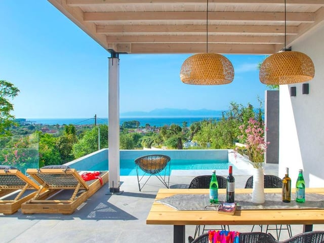 A new addition located in a rural-feeling spot amongst olive trees, yet with superb sea views from the pool and terraces and just a 15-minute walk (1.5km) to two coastal towns.Well thought out, the open living and dining space is bright, fresh and welcoming with doors leading to pool/dining terrace that takes in the gorgeous sea views. Each bedroom has its own contemporary-styled en-suite shower room with the option to have a double or twin configuration in one of the bedrooms.This gives families, sharing couples or groups of mixed age the option to choose what suits them best.In walking distance, the local coastal towns of Acharavi and Roda both have their own beach with plenty of bars, restaurants and shops – or a short drive further there’s a swathe of Blue Flag options. The price for a one week stay starts from £2152 in August, while a week in May 2023 starts from £826. https://www.vintagetravel.co.uk/villas/villas-in-greece1/filio/