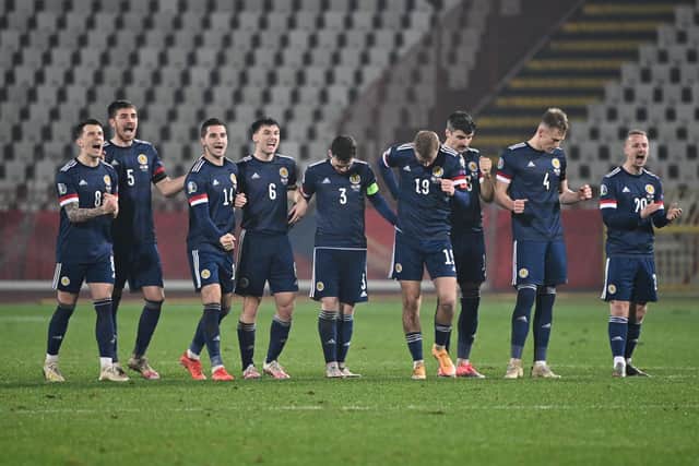 Scotland's players reacts during the penalty shootout as part of the Euro 2020 play-off qualification football match between Serbia and Scotland at the Red Star Stadium in Belgrade on November 12, 2020. (Photo by ANDREJ ISAKOVIC / AFP) (Photo by ANDREJ ISAKOVIC/AFP via Getty Images)