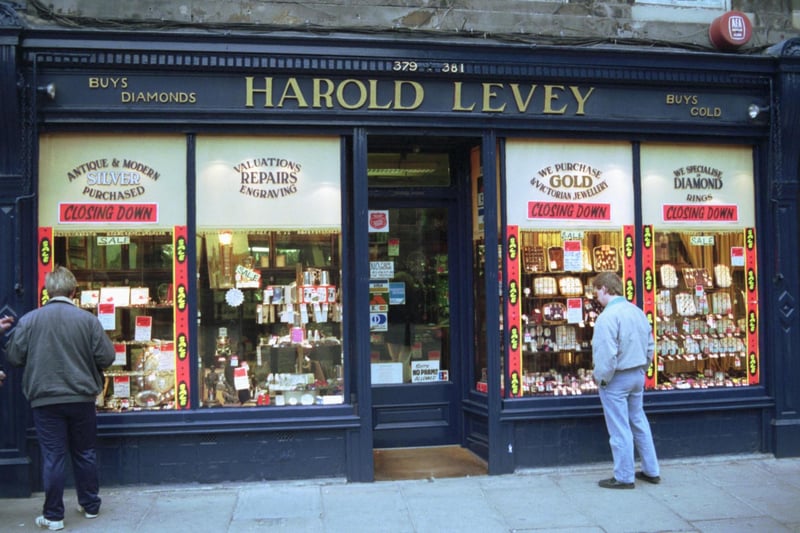 Exterior of Harold Levey jewellers shop in Edinburgh's High Street, having a closing down sale after 33 years in business due to a drop in sales. Picture taken December 1990.