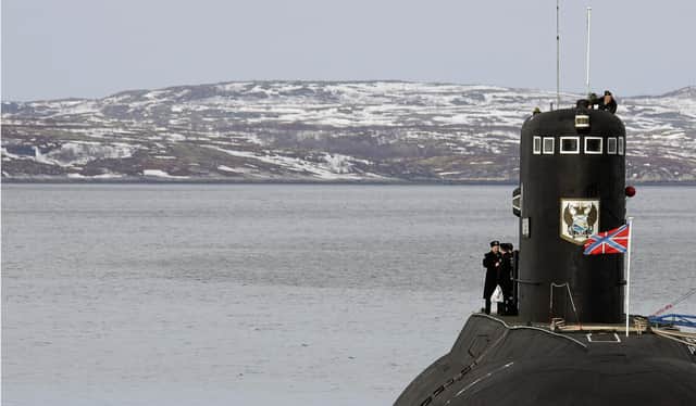 A submarine at a base in the town of Severomorsk, near Murmansk, on Russia's north coast (Picture: Alexander Nemenov/AFP via Getty Images)