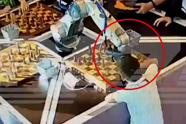 A chess-playing robot arm broke a seven-year-old's finger when it grabbed the child's hand during a chess match in Moscow, Russia.