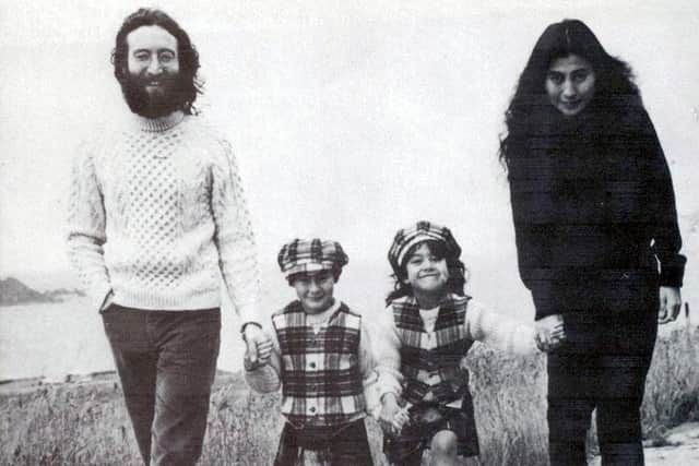 John Lennon and Yoko Ono, with Kyoko and Julian, on holiday at Durness, in Sutherland, 1969.