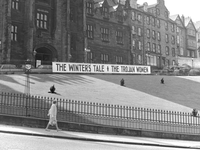 Advertising outside the Saltire Society at The Mound for The Winter's Tale and The Trojan Women at the Edinburgh Festival in August 1966.