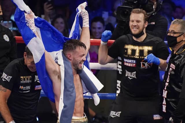 Josh Taylor celebrates after defeating Jose Ramirez by unanimous decision in a junior welterweight title boxing bout Saturday, May 22, 2021, in Las Vegas.