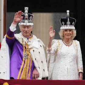 King Charles III and Queen Camilla on the balcony of Buckingham Palace following the coronation on May 6.  