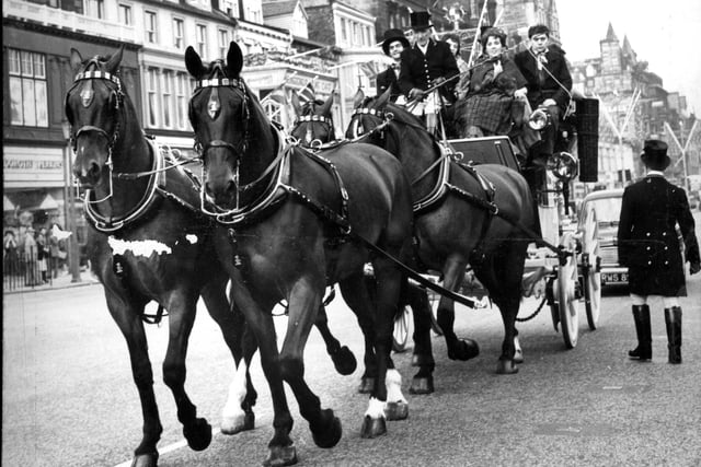 In the 1960s Edinburgh Festival performers would parade along Princes Street. This picture was taken in 1962 and shows members of the cast of 'The Doctor and the Devils' at the Assembly Hall in a handsome Gilby coach-and-four horse drawn carriage.