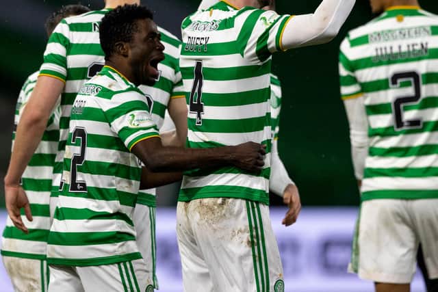 Celtic's Shane Duffy is surrounded by team-mates as he celebrates scoring  the clinching goal in the  2-0 win over Kilmarnock (Photo by Craig Williamson / SNS Group)